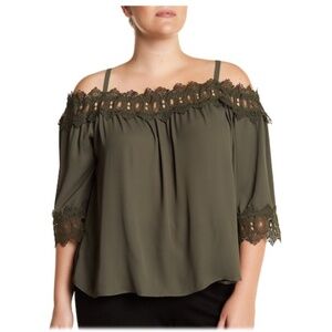 NWT-Breathless Off-the-Shoulder Croquet Lace Trim Blouse, Olive, 3X